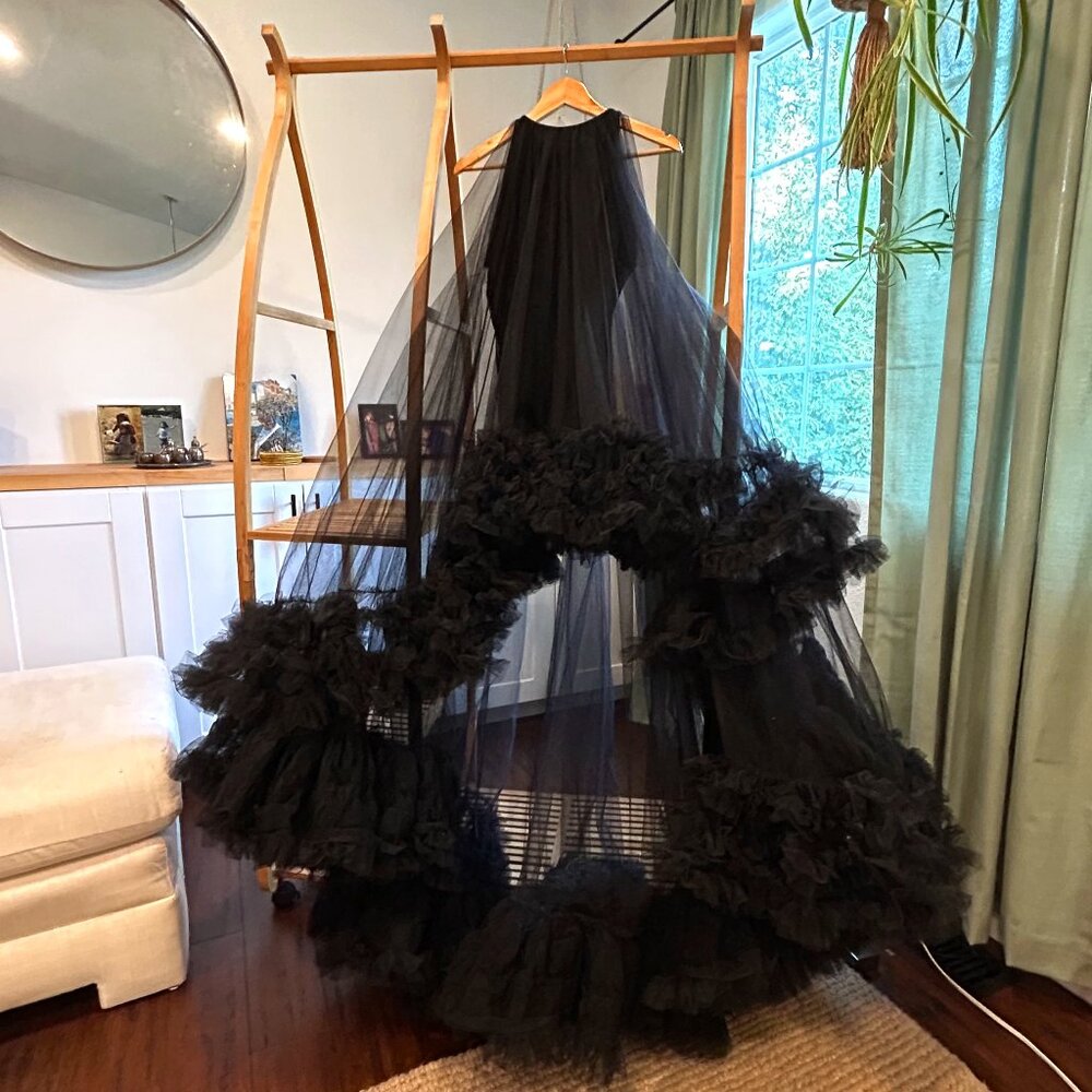 Mac Duggal Black Layered Tulle Bridal Gown with Dramatic Ruffles